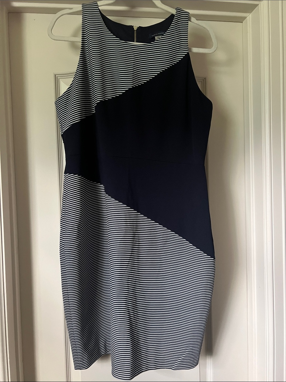 Tommy Hilfiger Navy and White Diagonal Colorblock Sheath Dress
